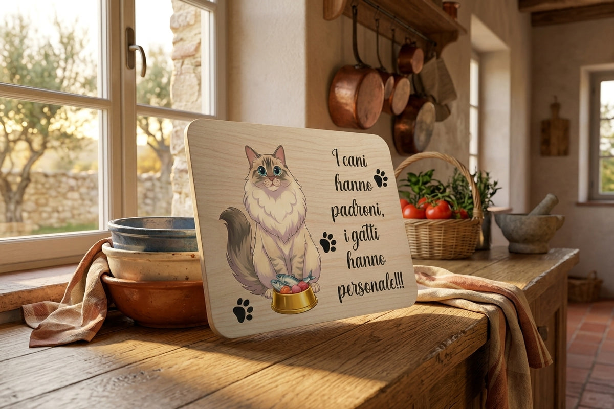 Targa Decorativa in Legno 20x30 cm – "I cani hanno padroni, i gatti hanno personale!"
