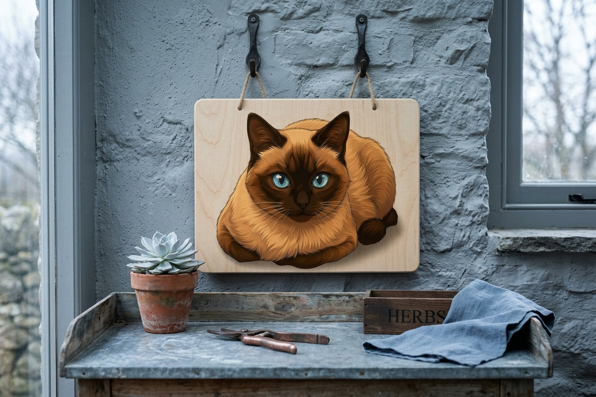Targa Decorativa in Legno 20x30 cm – Gatto Siamese con Occhi Blu