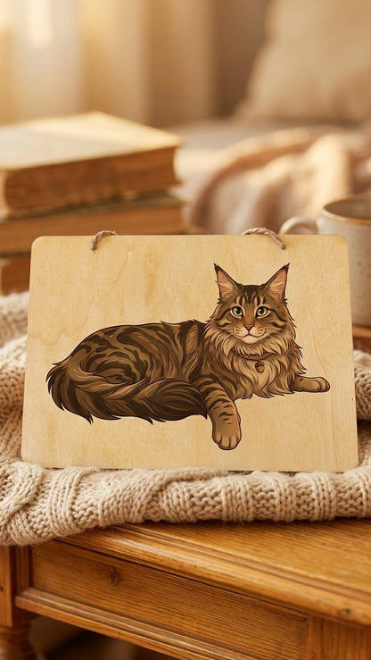 Targa Decorativa in Legno 20x30 cm – Gatto Maine Coon Tigrato