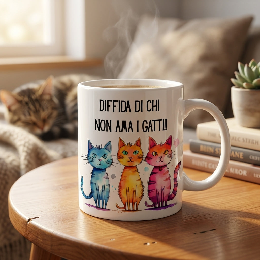 Tazza per Amanti dei Gatti “Diffida di Chi Non Ama i Gatti” – Tazza Divertente Idea Regalo