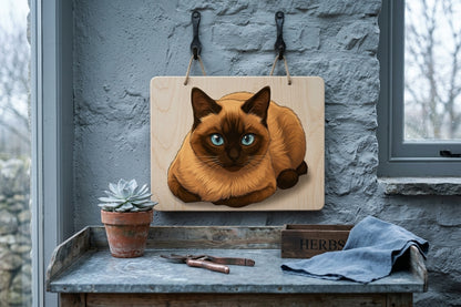 Targa Decorativa in Legno 20x30 cm – Gatto Siamese con Occhi Blu