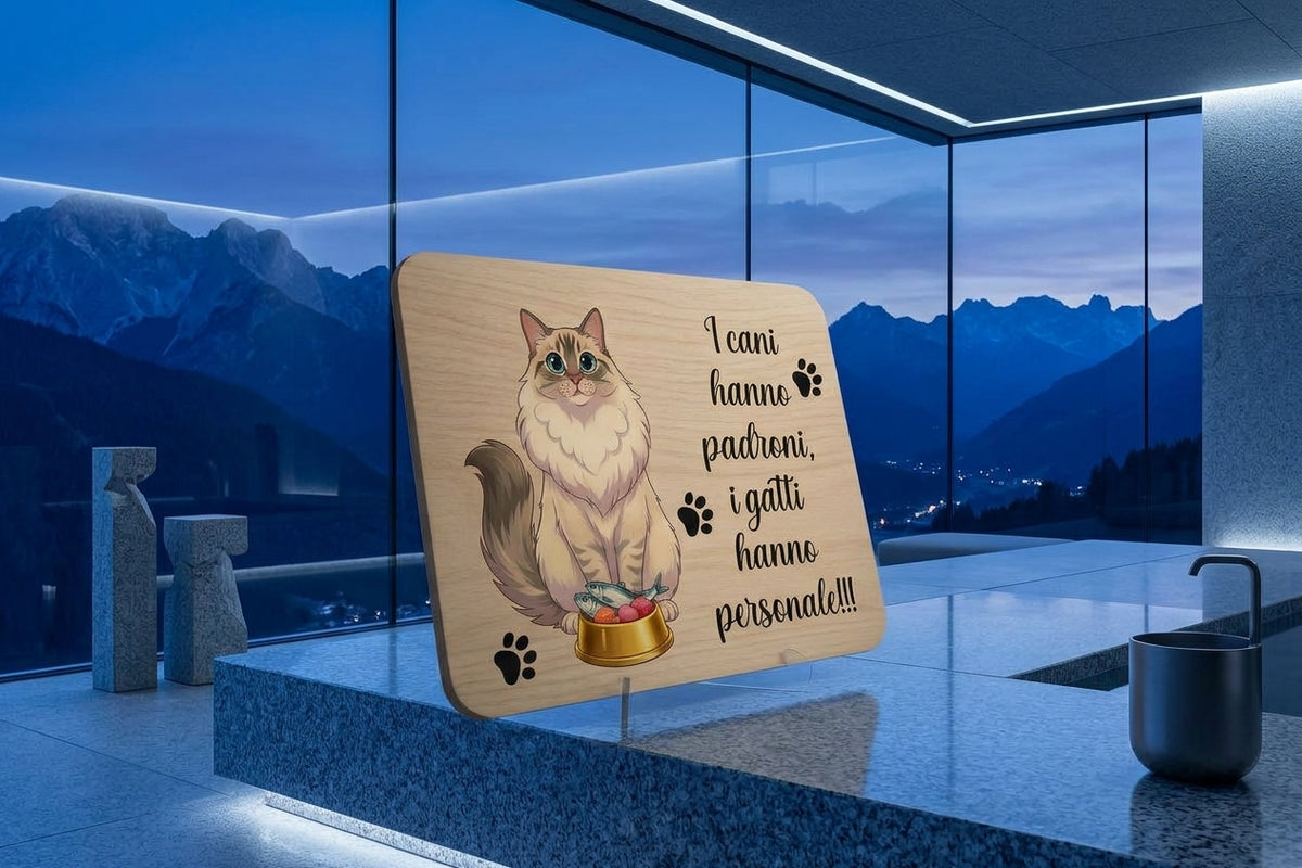 Targa Decorativa in Legno 20x30 cm – "I cani hanno padroni, i gatti hanno personale!"