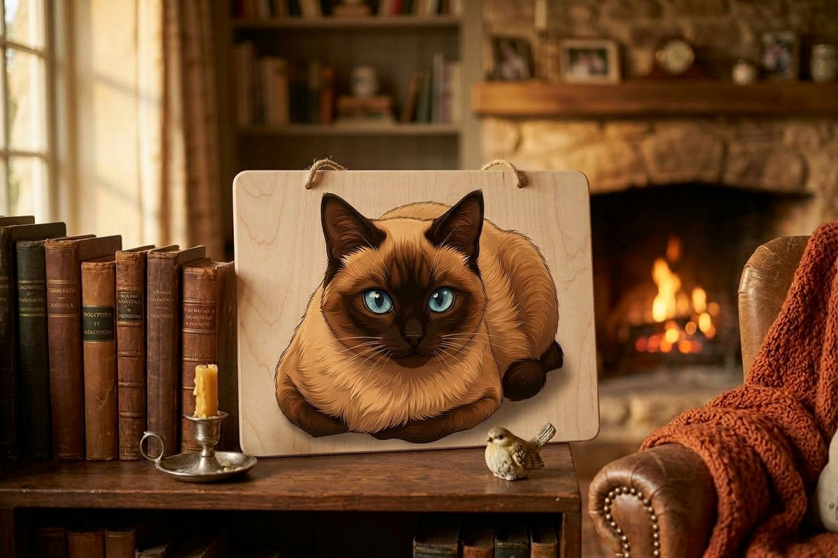 Targa Decorativa in Legno 20x30 cm – Gatto Siamese con Occhi Blu