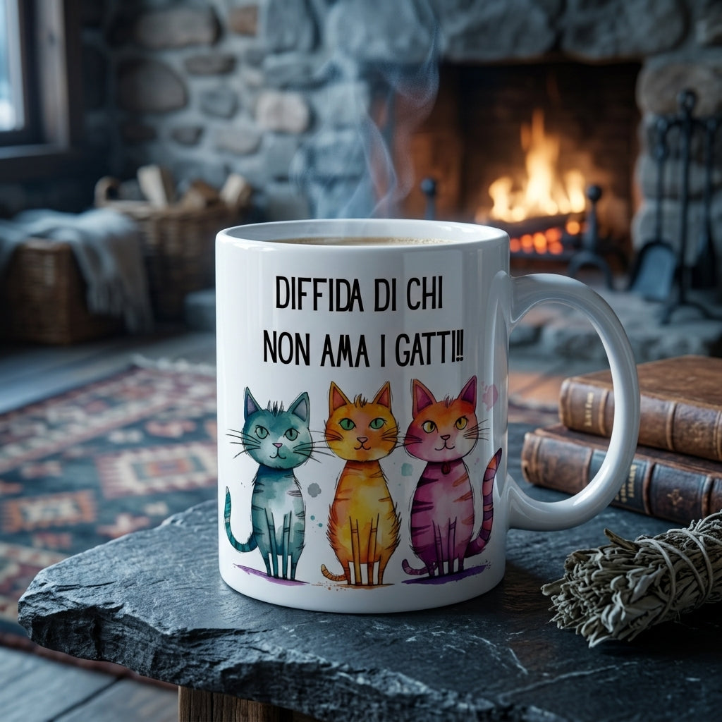 Tazza per Amanti dei Gatti “Diffida di Chi Non Ama i Gatti” – Tazza Divertente Idea Regalo