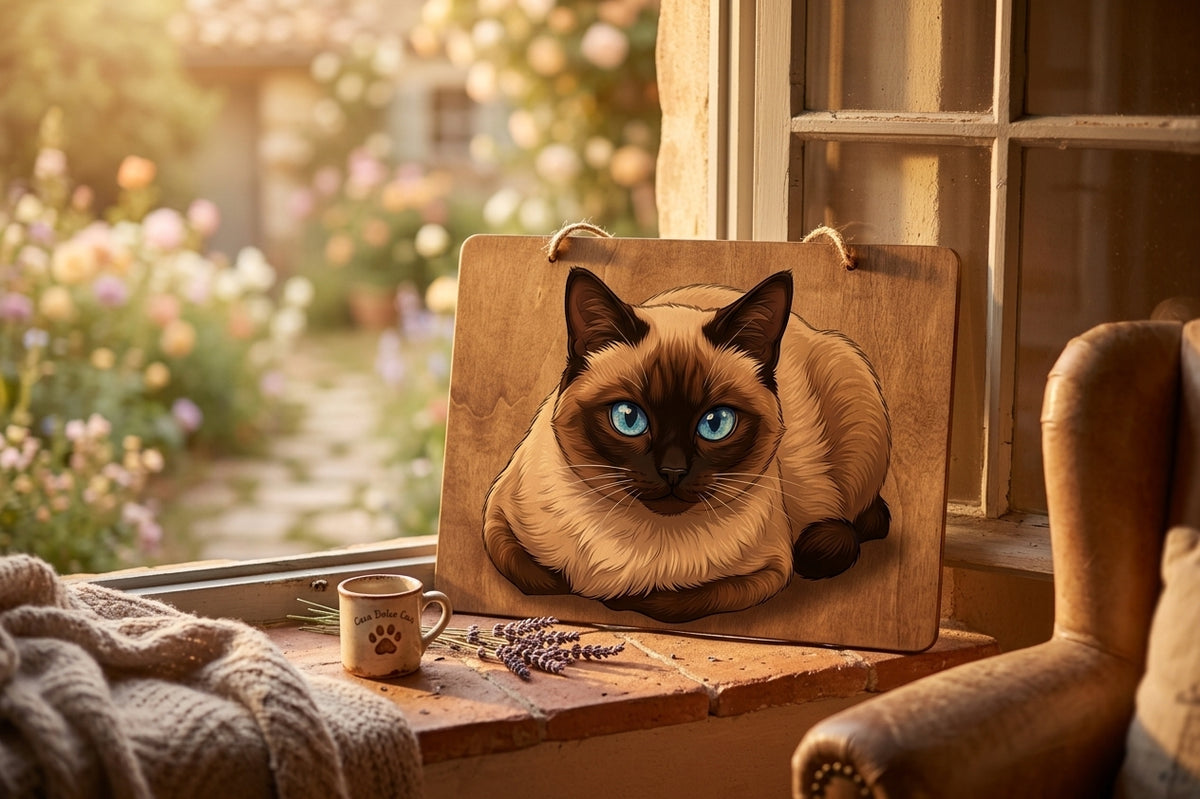 Targa Decorativa in Legno 20x30 cm – Gatto Siamese con Occhi Blu