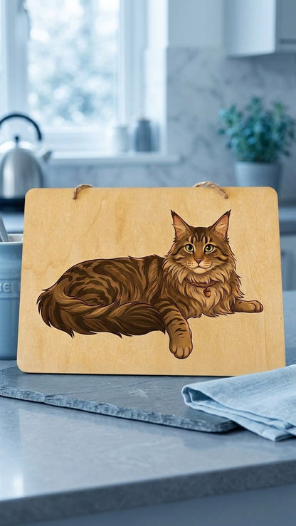 Targa Decorativa in Legno 20x30 cm – Gatto Maine Coon Tigrato