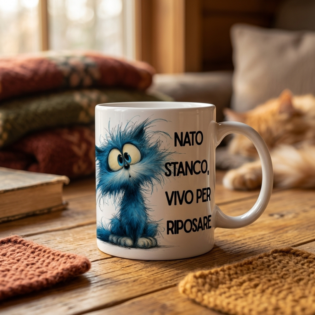 Tazza in Ceramica “Nato Stanco, Vivo per Riposare” 10x12 cm – Tazza Divertente Idea Regalo