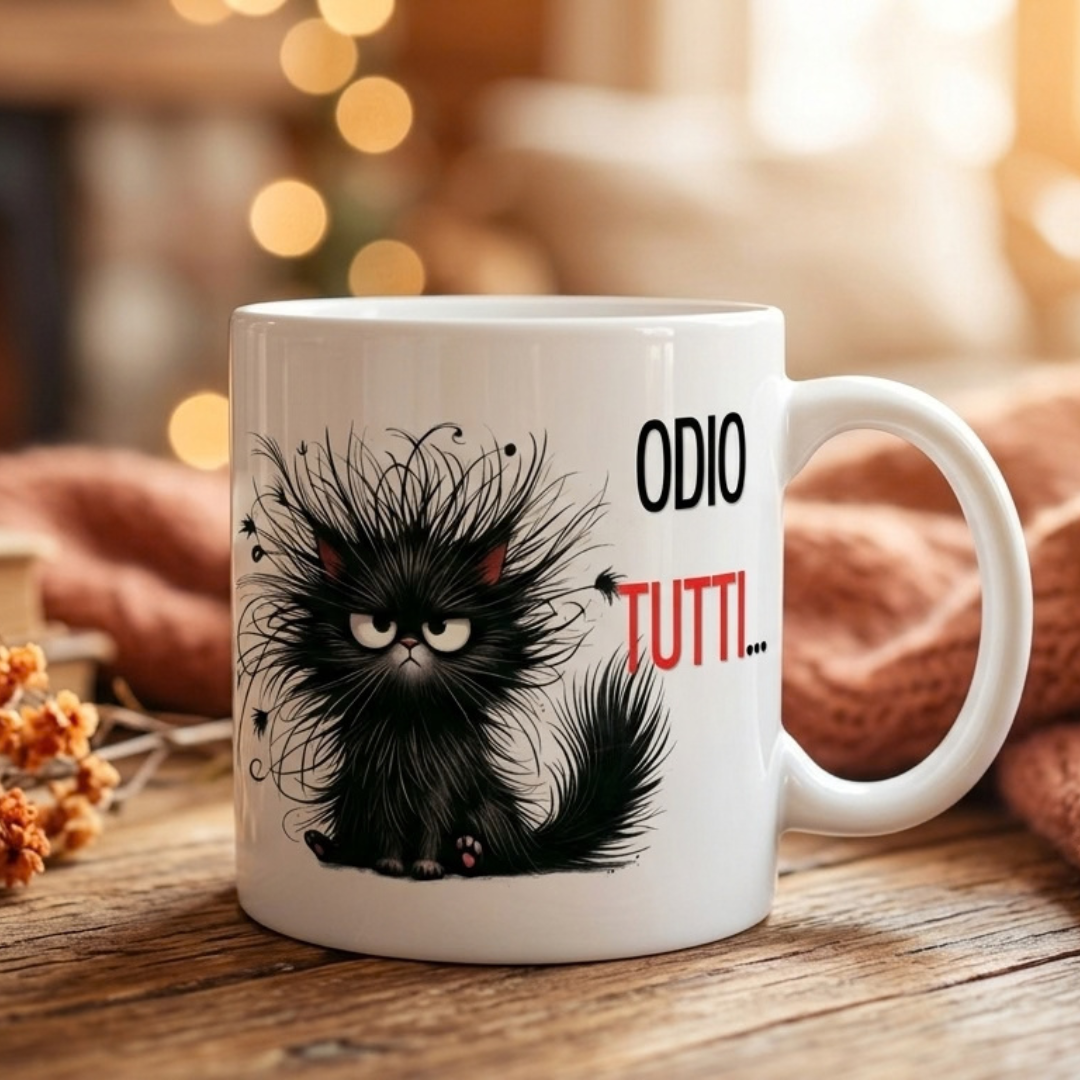Tazza Divertente per Gatti “Odio Tutti…” – Tazza in Ceramica Idea Regalo per Amanti dei Gatti