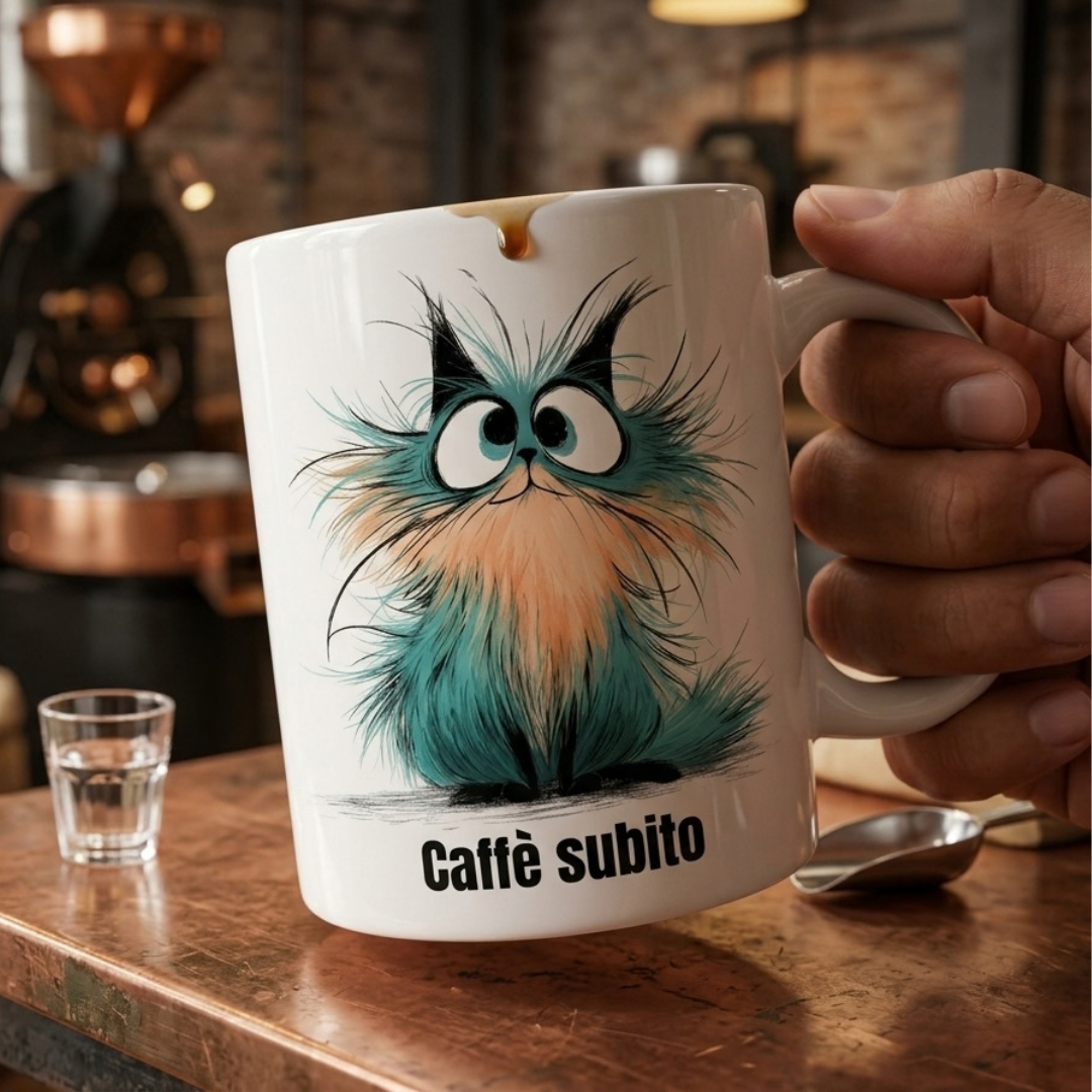 Dettaglio tazza ceramica gatto divertente, 10x12 cm