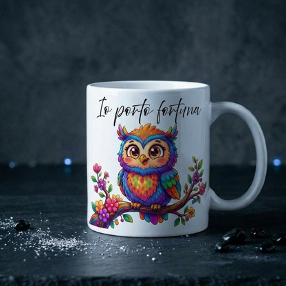 Tazza con gufo colorato – idea regalo originale e portafortuna