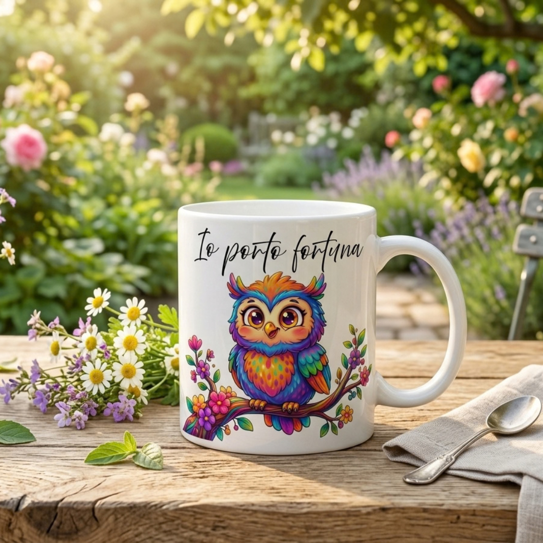 Tazza con gufo colorato – idea regalo originale e portafortuna