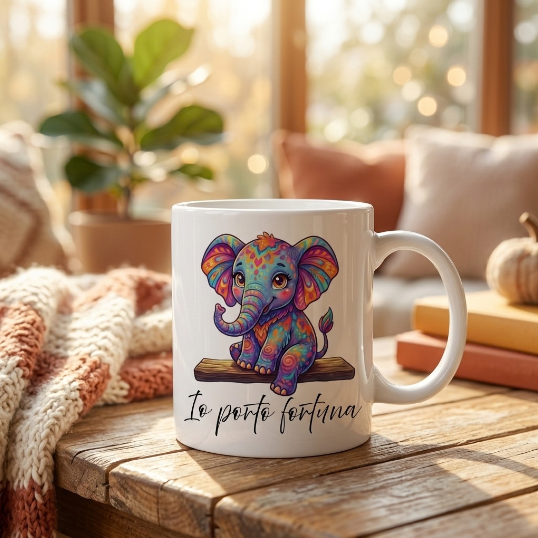 Tazza con elefantino colorato – idea regalo originale e portafortuna