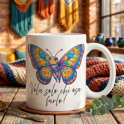 Tazza con farfalla colorata e frase motivazionale – idea regalo originale