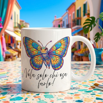 Tazza con farfalla colorata e frase motivazionale – idea regalo originale