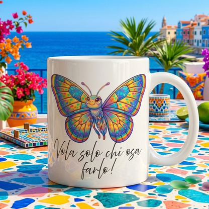 Tazza con farfalla colorata e frase motivazionale – idea regalo originale