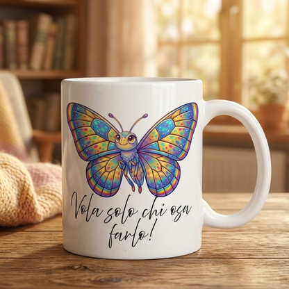 Tazza con farfalla colorata e frase motivazionale – idea regalo originale